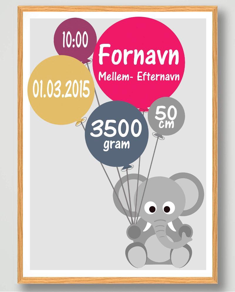 Fødselsplakat med Elefant - Unik Dåbsgave til Børn