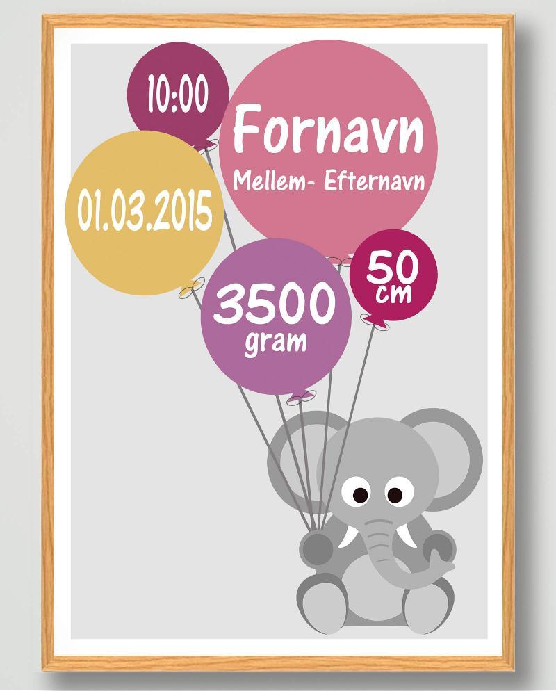 Fødselsplakat med Elefant – unik gave til nyfødte børn