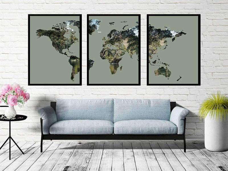 3-delt Verdenskort Plakat med Kystlinje Design til Hjemmet