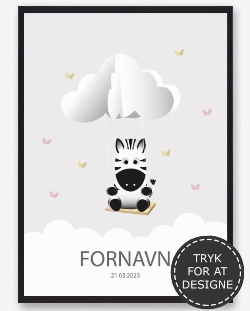 Zebra Navnetavle Plakat – Farverig Kunst til Børneværelset