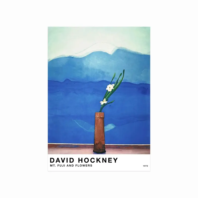 David Hockney plakat: Mount Fuji og blomster – Kunstnerisk skønhed