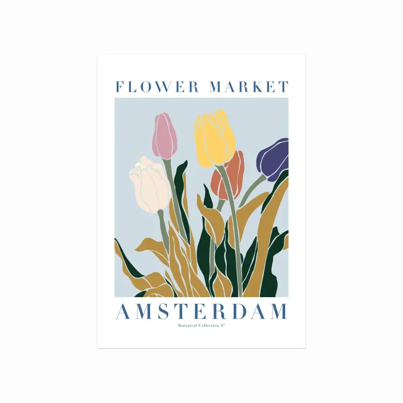 Farverig plakat af Amsterdams Blomstermarked – Pynt dit hjem!