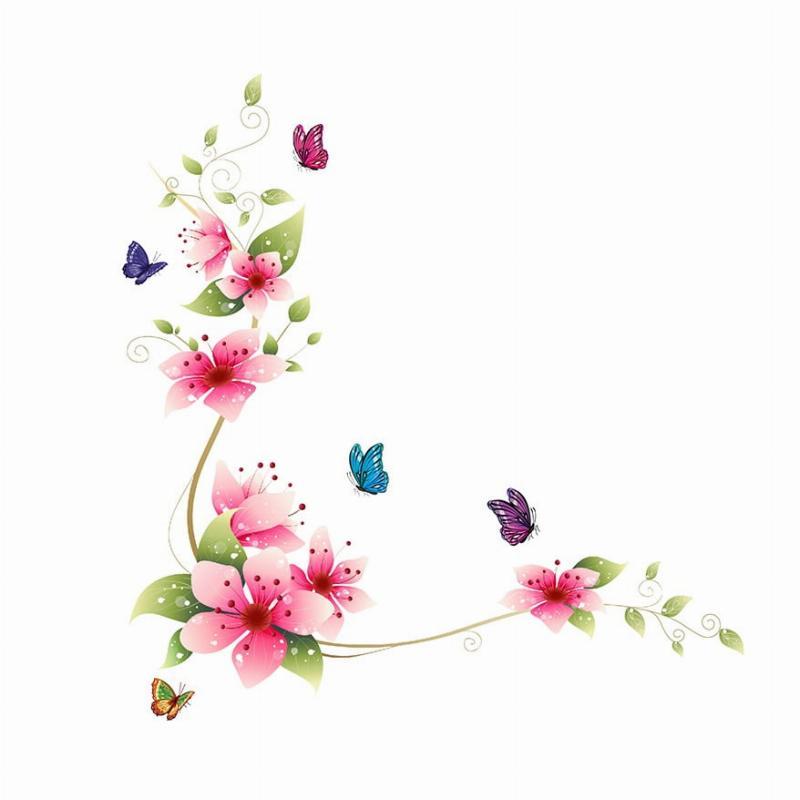 Sommerfugle og Blomsterranke - Pink Vægklistermærke Tilbud!