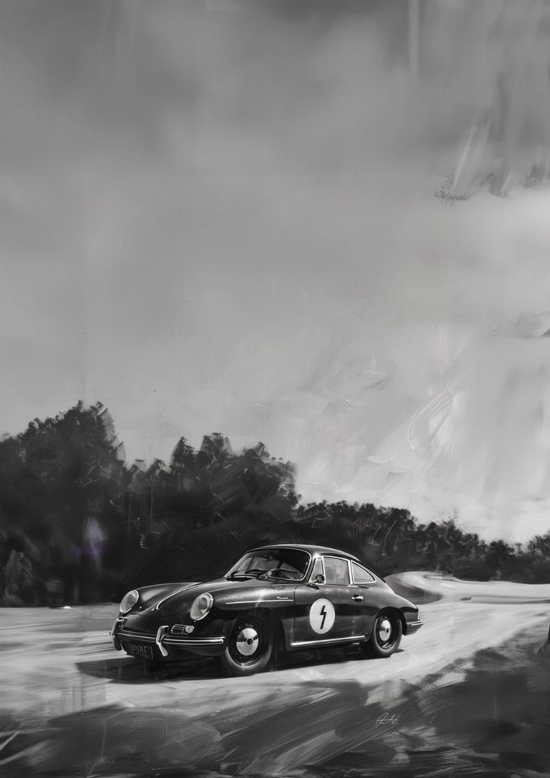 Porsche Vers 03 – Eksklusiv Sort-Hvid Grafisk Kunst