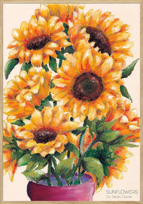 Solsikker Plakat – Farverig Oliekridt Kunst til Væggen