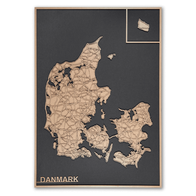 Elegant Danmarkskort i sort – 42 x 60 cm fra NAGA