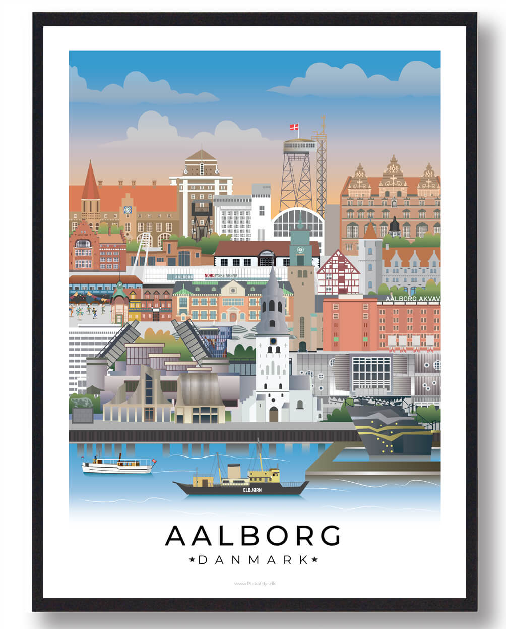 Aalborg plakat med hvid kant – moderne byliv og historie