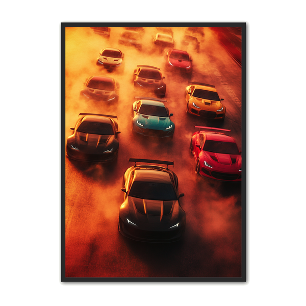 Racerbiler i solnedgang - Plakat til bilentusiaster