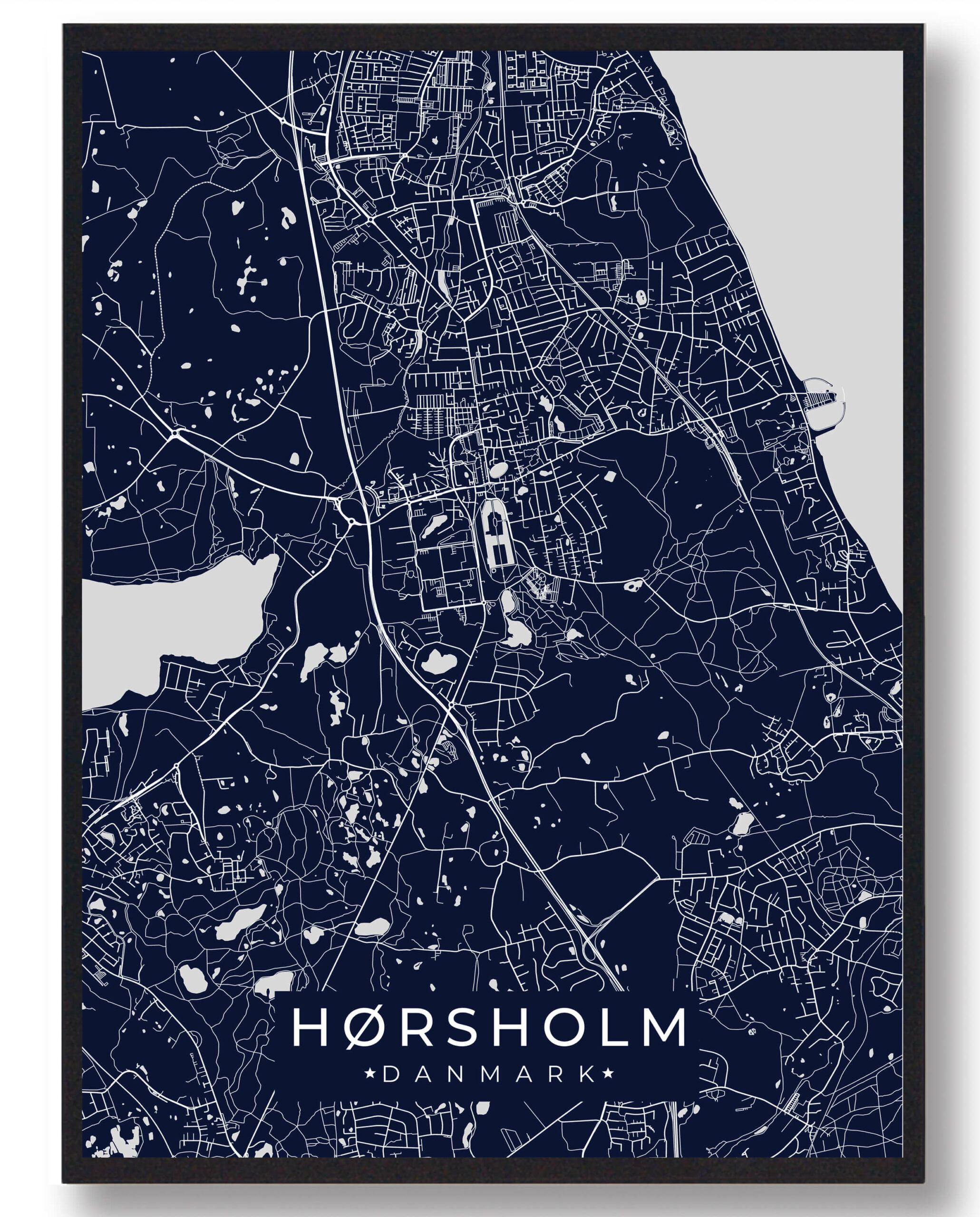 Hørsholm Bykort Plakat – Mørkeblå Vægdekoration til Hjemmet