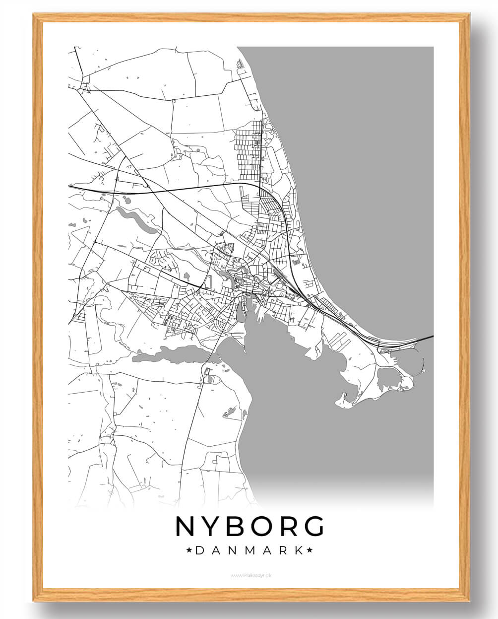Nyborg By Plakat – Hvid Vejkort Dekoration til Hjemmet