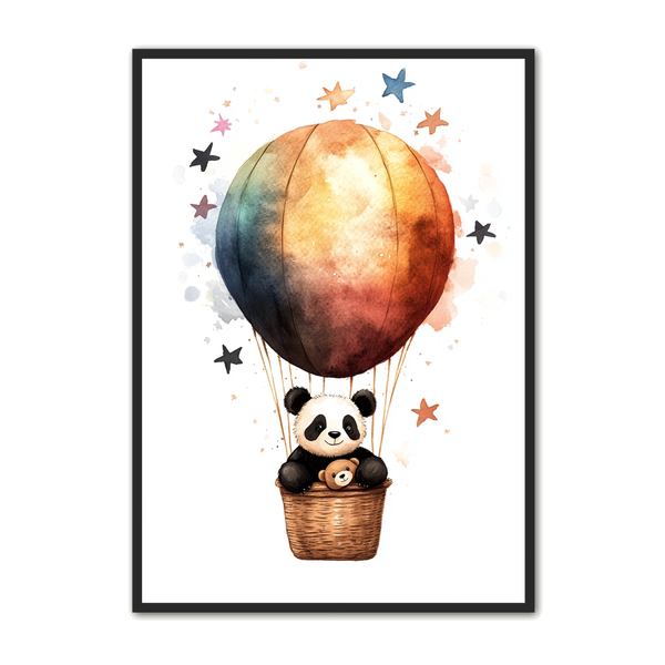 Sød Panda Plakat med Regnbueballon til Børneværelset