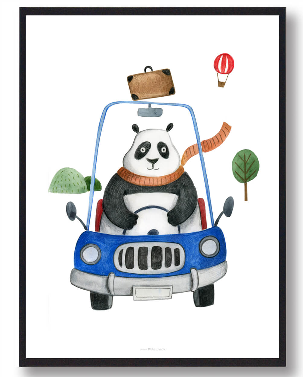 Panda i Bil - Håndtegnet Plakat til Børneværelset