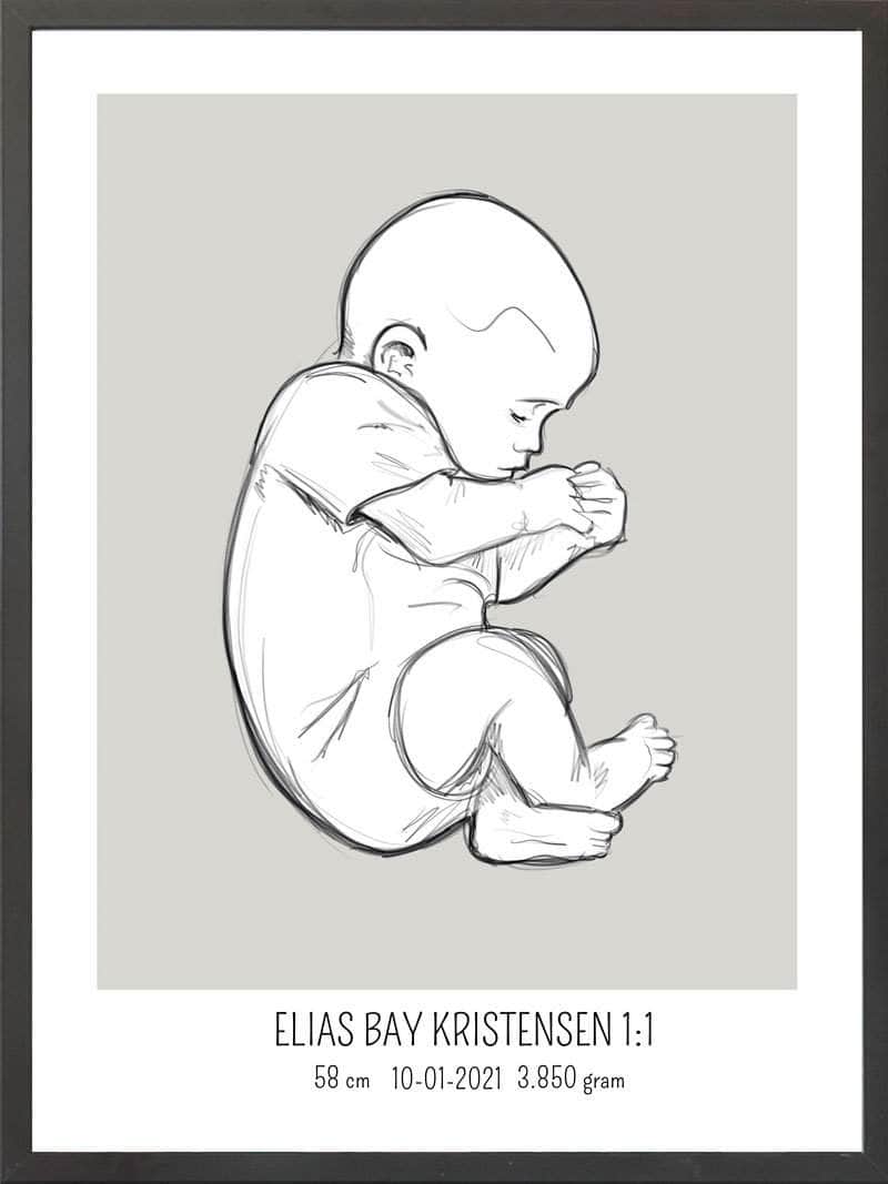 Fødselsplakat 1:1 – Blå Fosterstilling til Nybagte Forældre