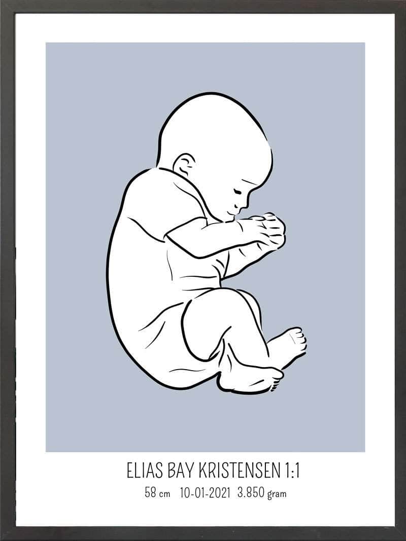 Fødselsplakat 1:1 – Blå Fosterstilling til Gaveidé