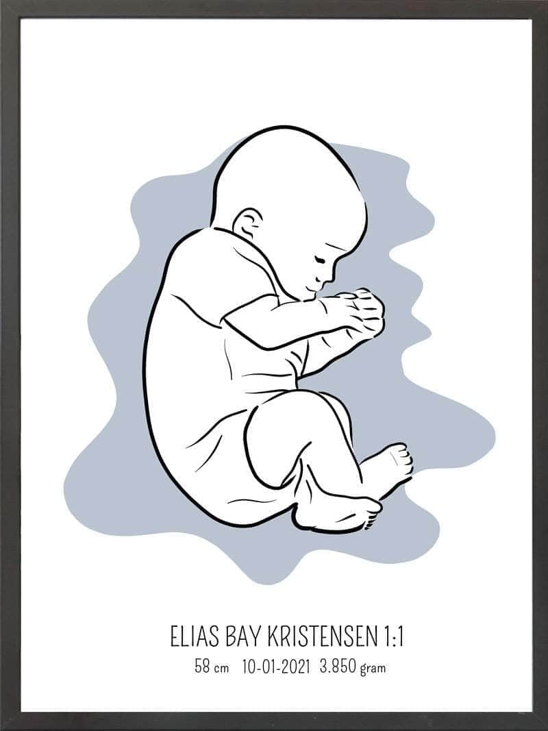 Fødselsplakat 1:1 – Blå Fosterstilling til Gave