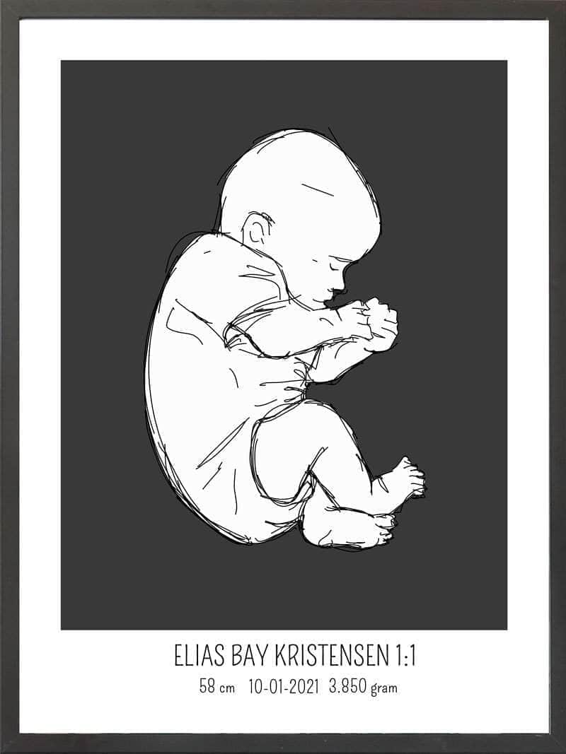 Fødselsplakat 1:1 – Blå Fosterstilling til Nybagte Forældre