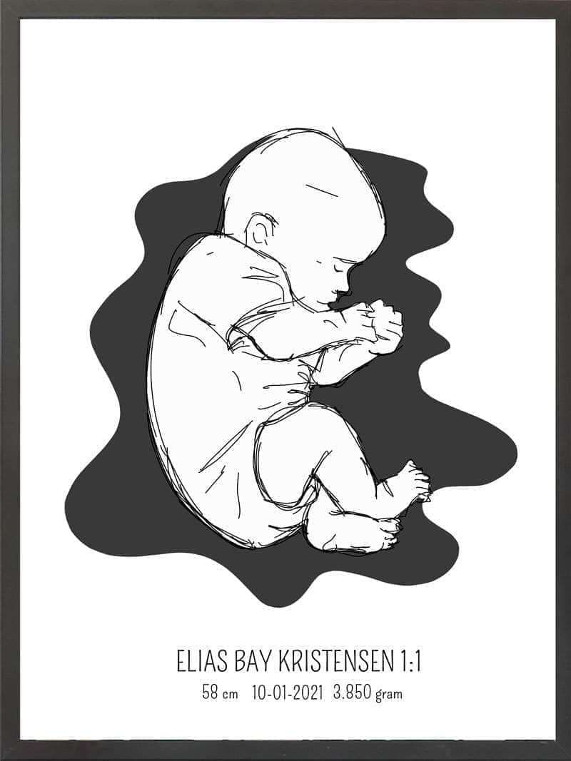 Fødselsplakat 1:1 – Blå Fosterstilling til Gave