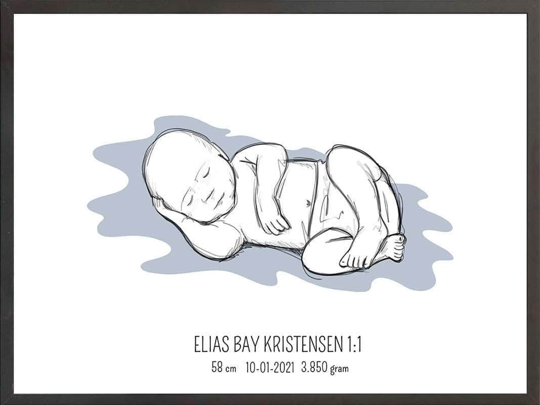 Fødselsplakat 1:1 – Liggende Blå til Gave eller Minde