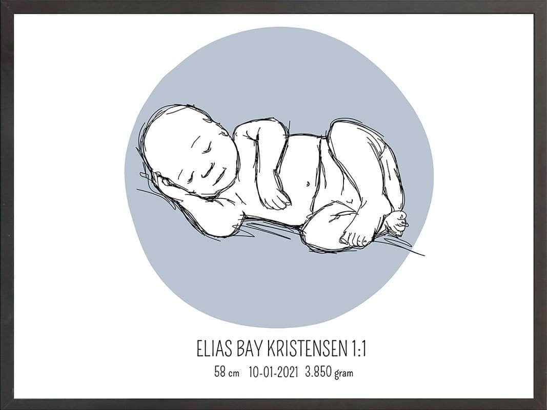 Fødselsplakat 1:1 - Liggende Blå til Gave eller Mindesyn