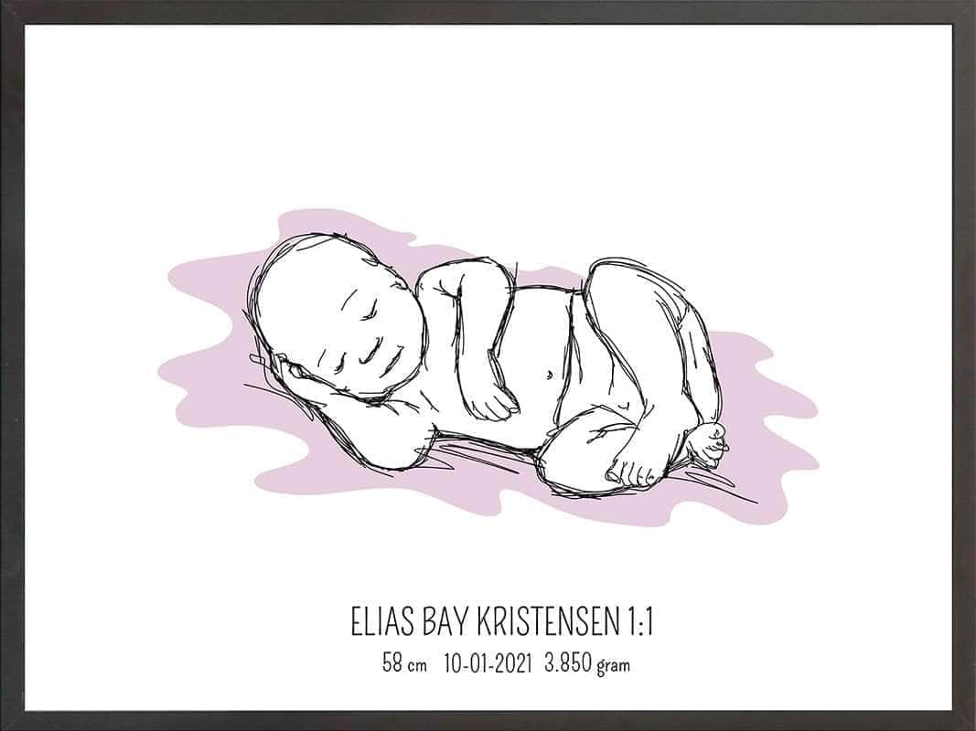 Fødselsplakat 1:1 – Liggende Lyserød til Unik Gaveidé
