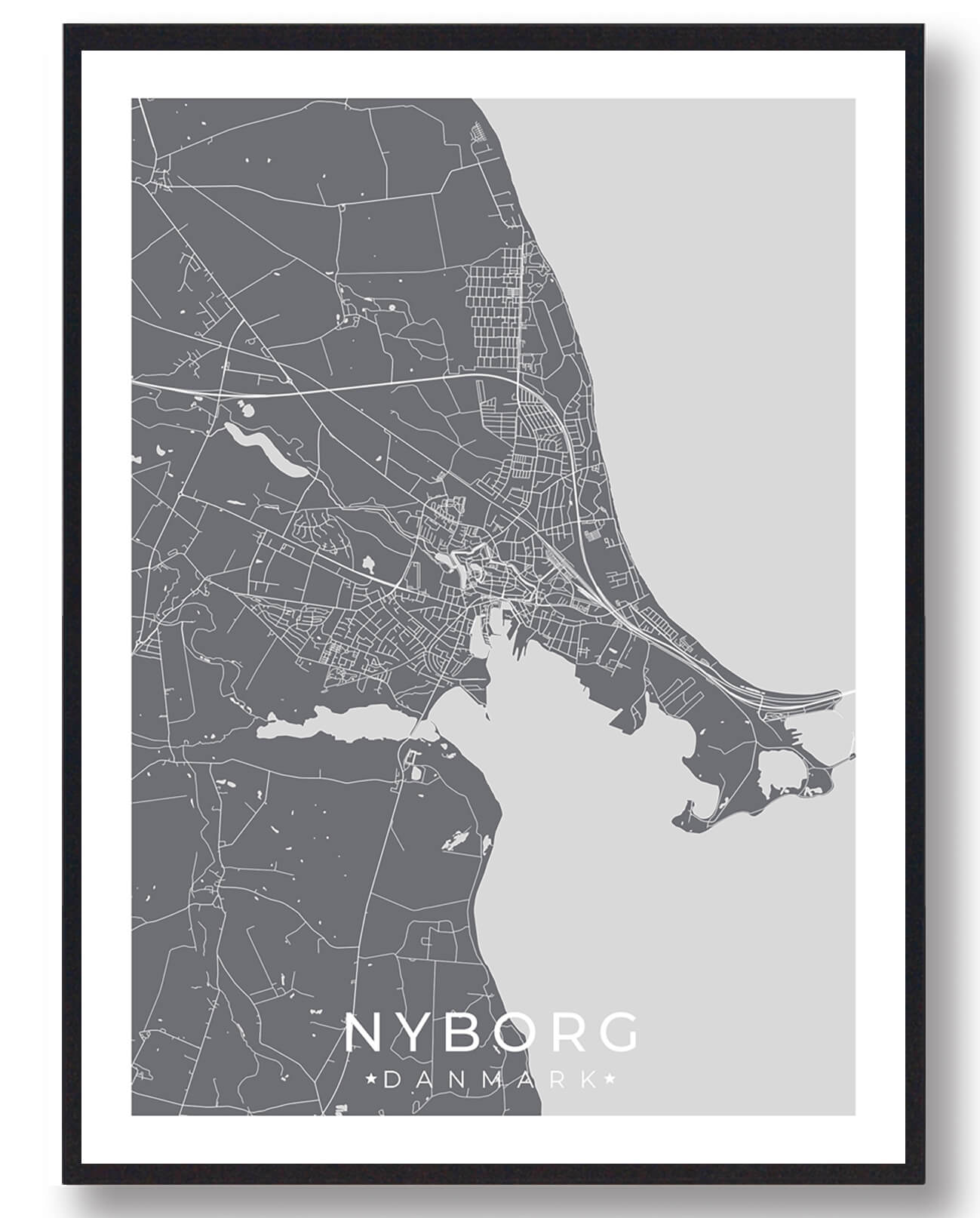 Nyborg Vejkort Plakat – Stilfuld Grå Indretning til Hjemmet