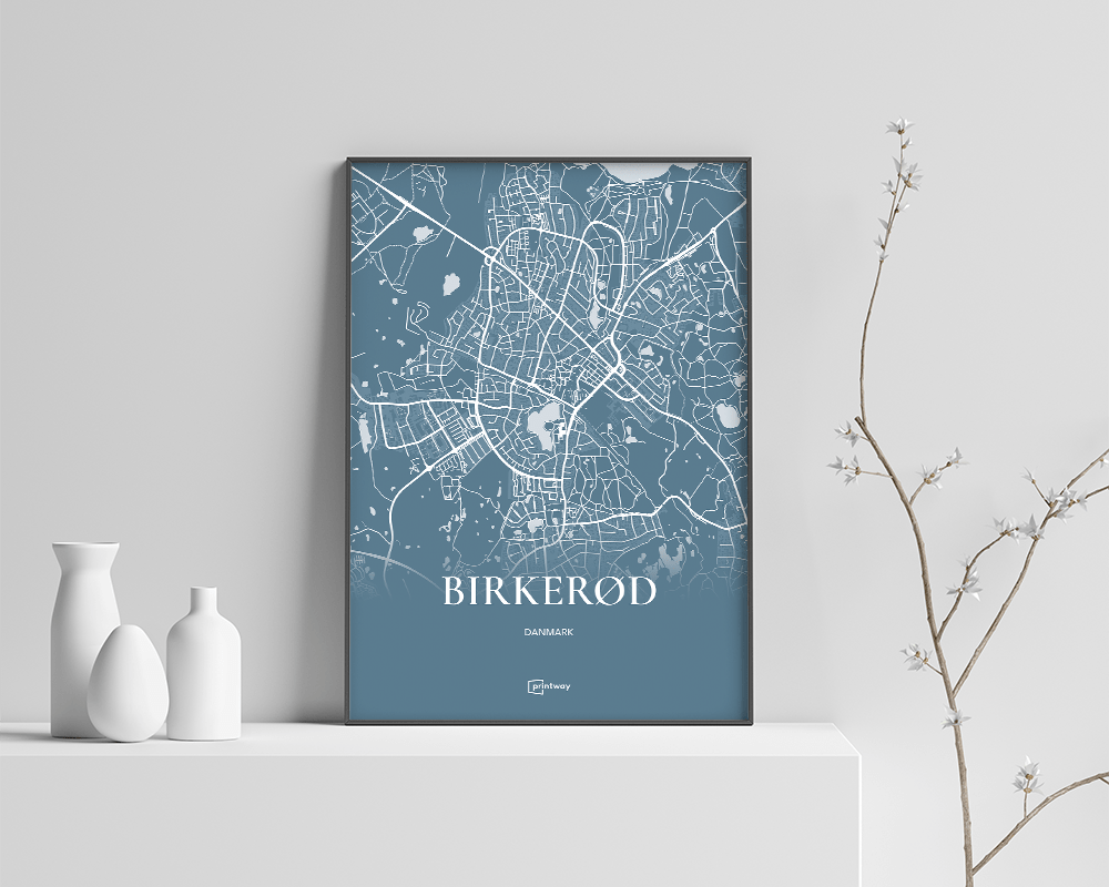 Birkerød Bykort Plakat - Havblå A4 Design til Hjemmet