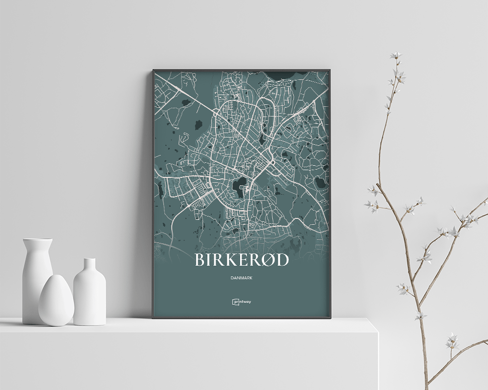 Birkerød Bykort Plakat i Skovgrøn - Minimalistisk Design