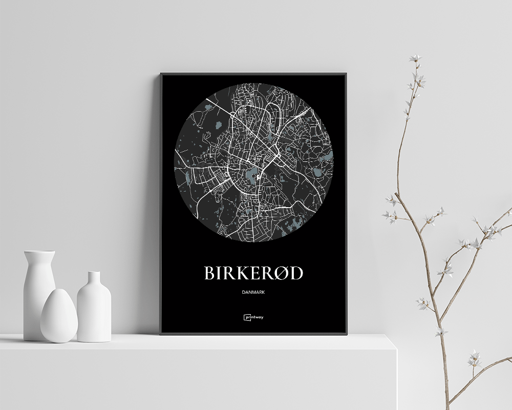 Birkerød Bykort Plakat – Sort A3 til Dit Hjem