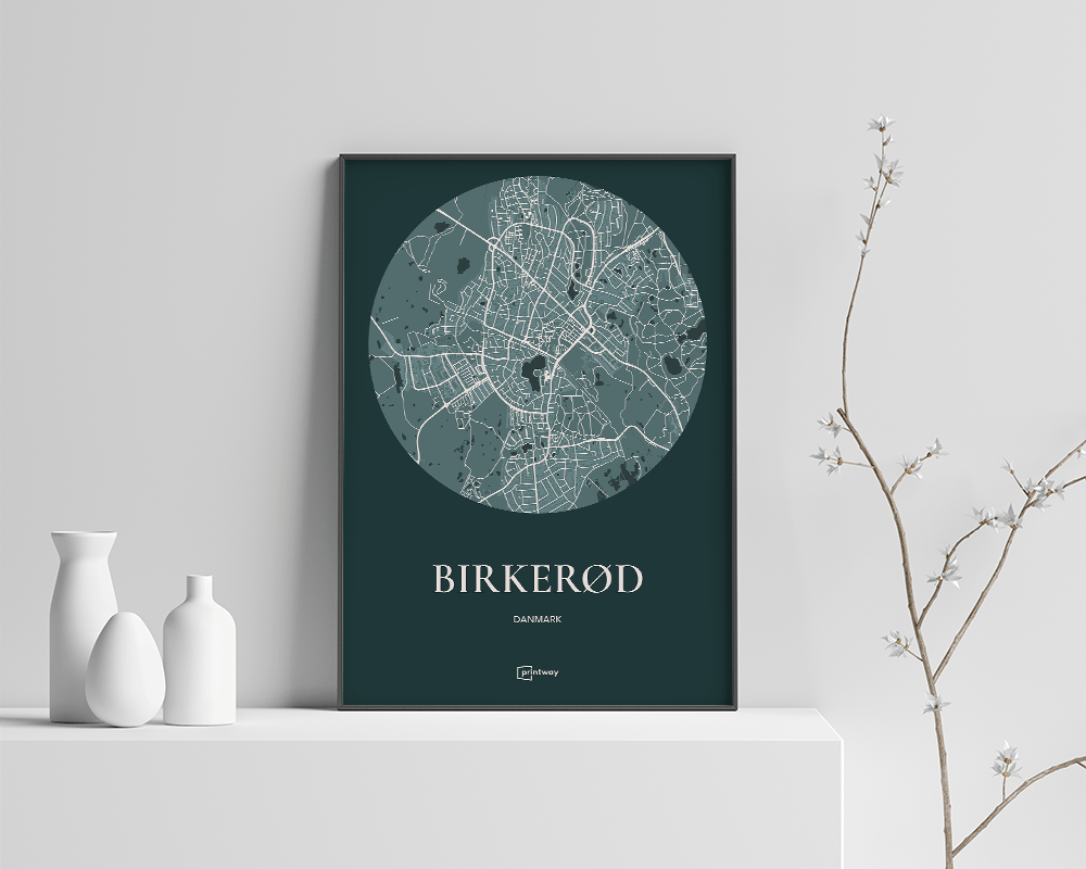 Birkerød Plakat - Stilfuldt Skovgrønt Bykort A4