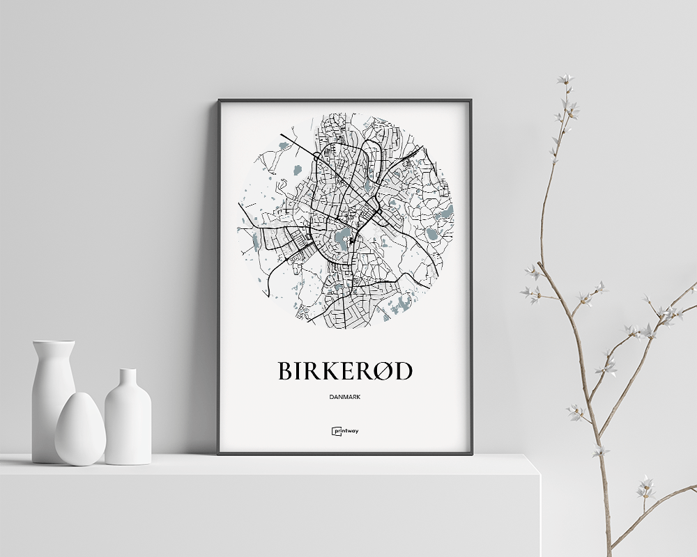 Birkerød Bykort Plakat - Minimalistisk Hvid 21x30 cm
