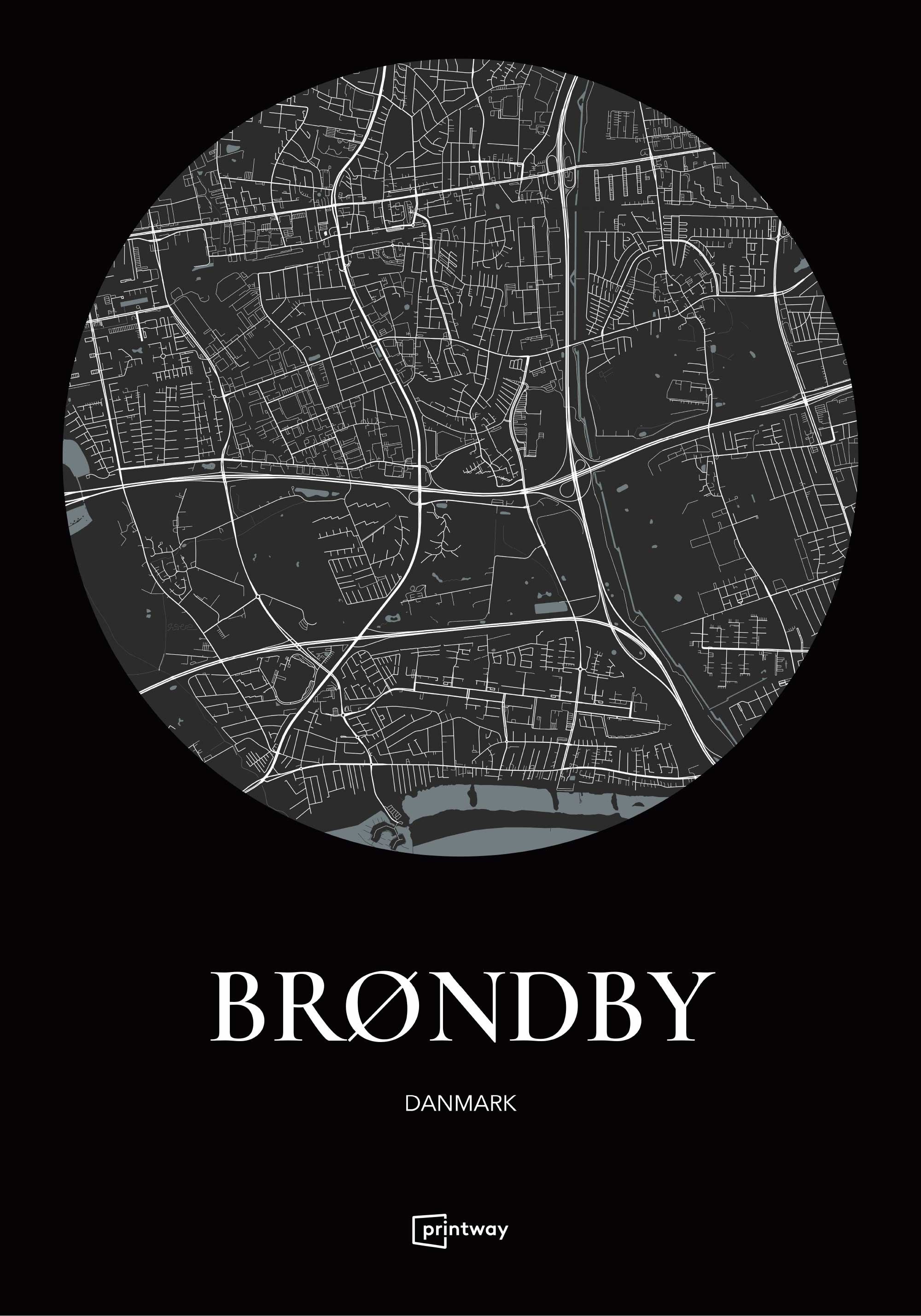 Brøndby Bykort Plakat - Sort Design, 70x100 cm