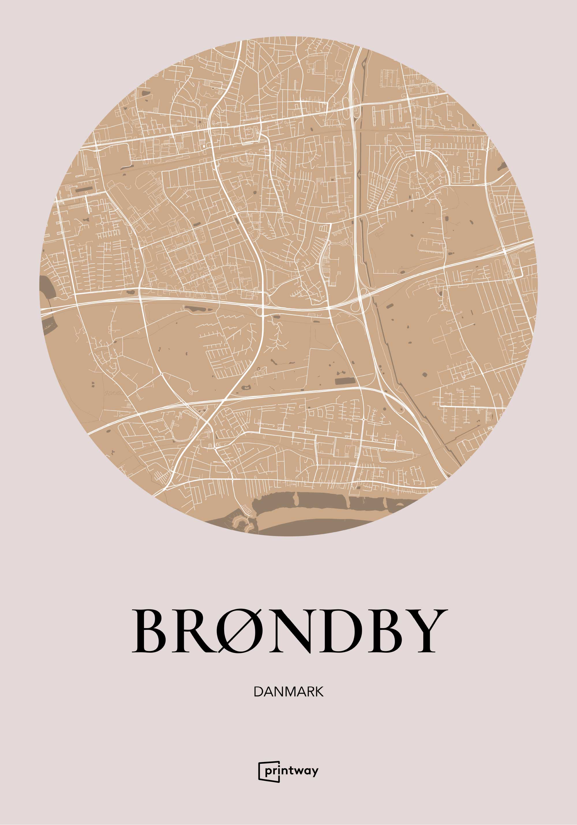 Brøndby Bykort Plakat i Guld – Elegant Vægkunst 70x100 cm