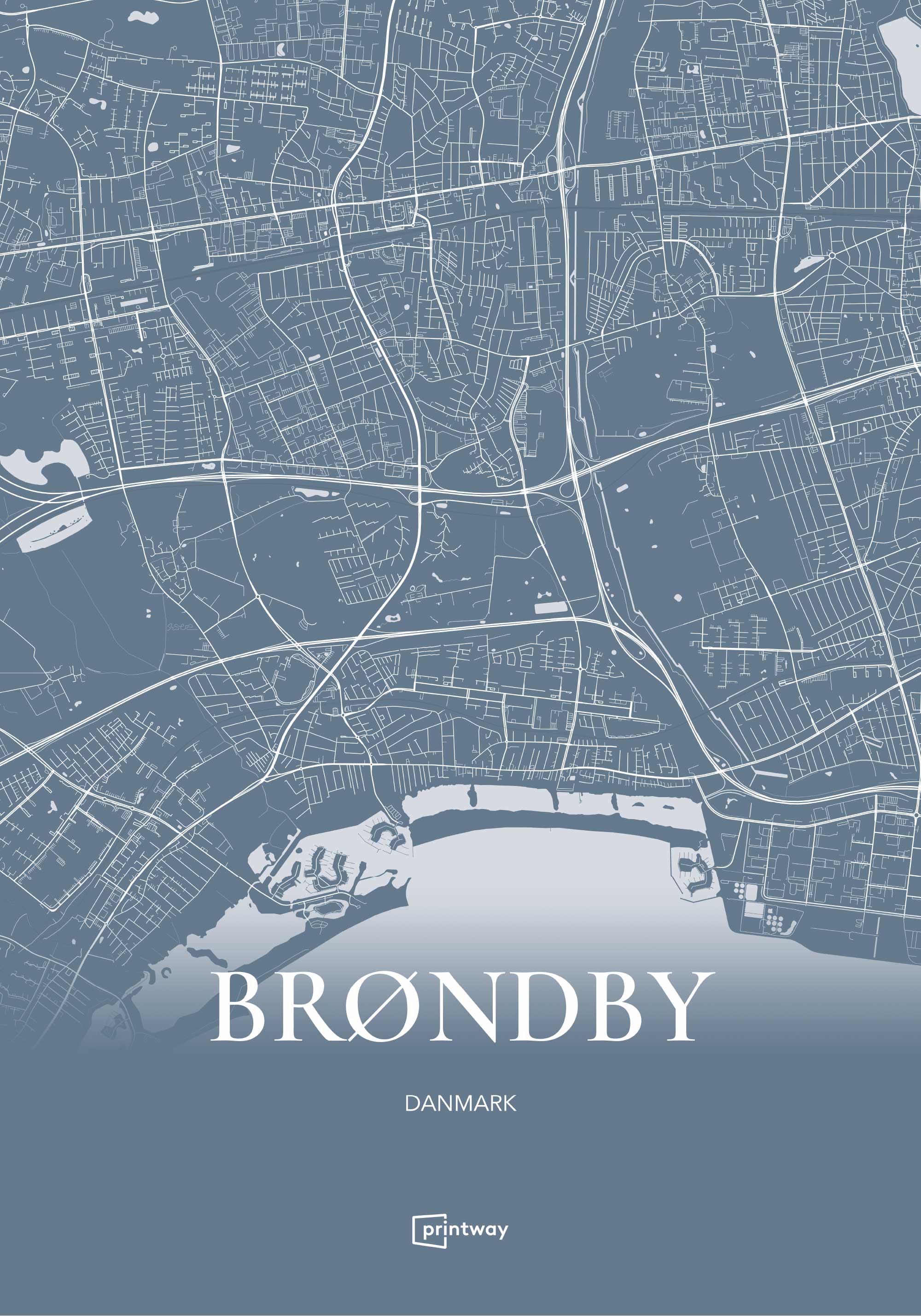 Brøndby Bykort Plakat – Havblå 70×100 cm til hjemmet