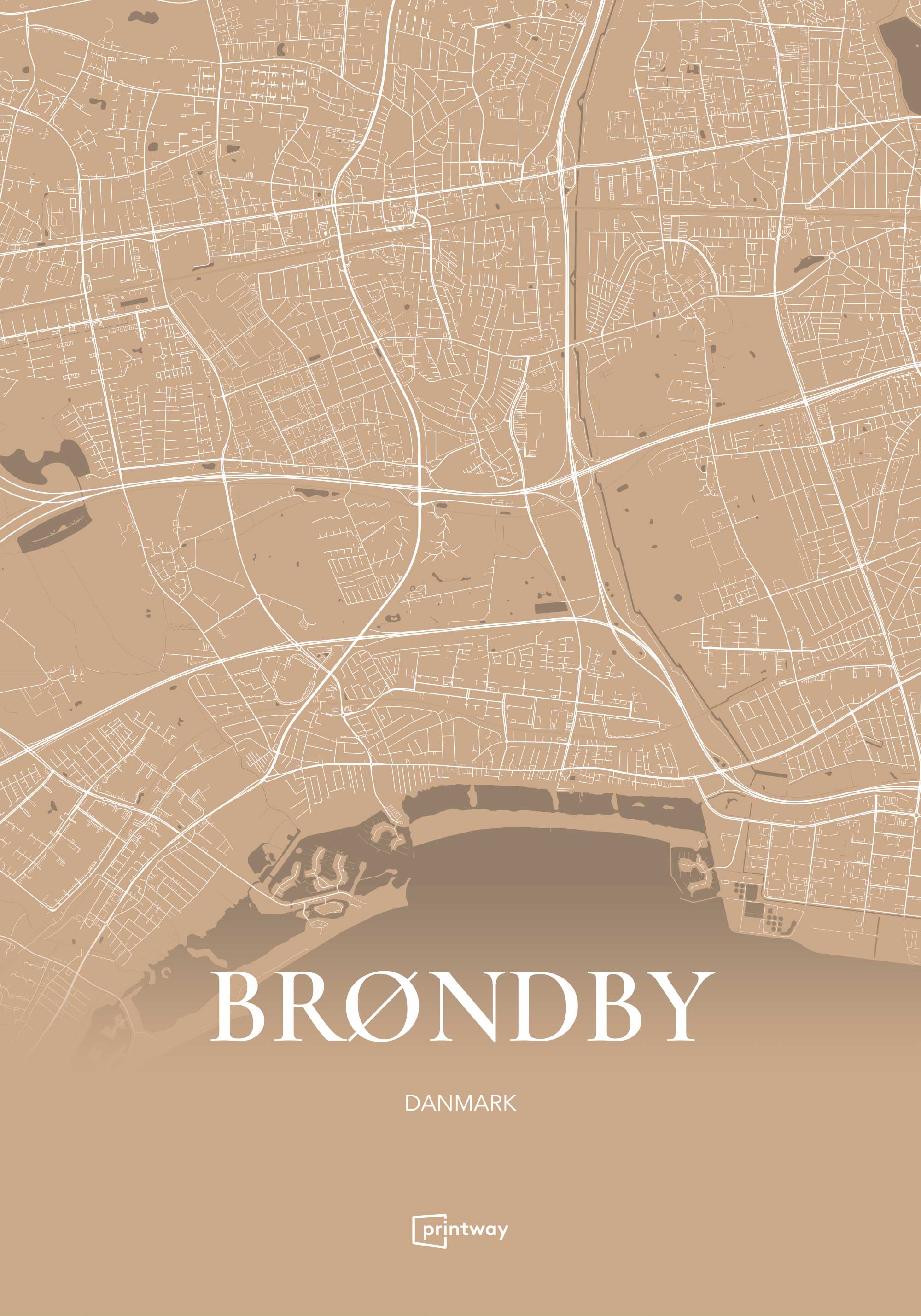 Brøndby Bykort Plakat i Guld – Elegant Design 70x100 cm