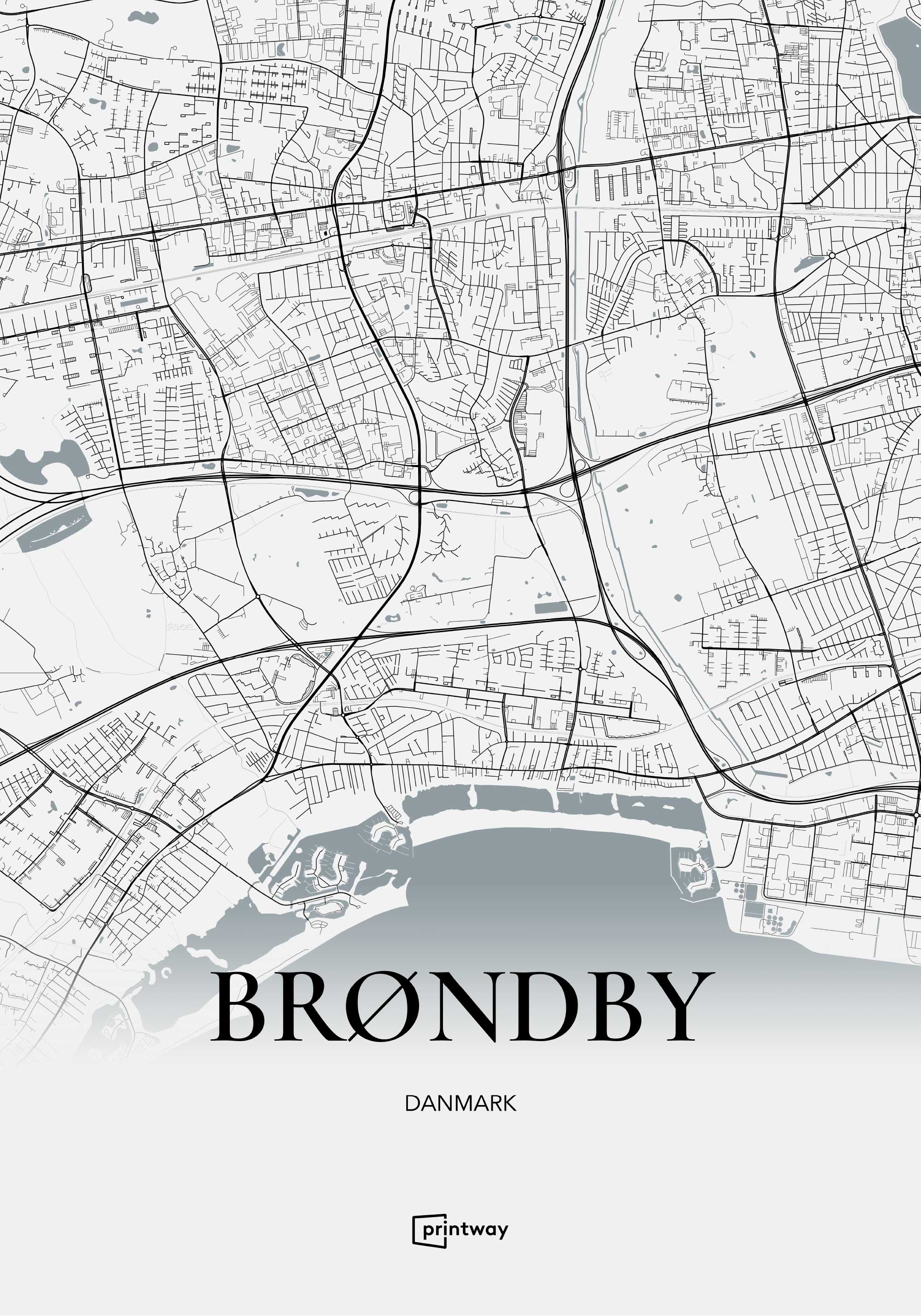 Brøndby Bykort Plakat – Elegant Hvid 70x100 cm