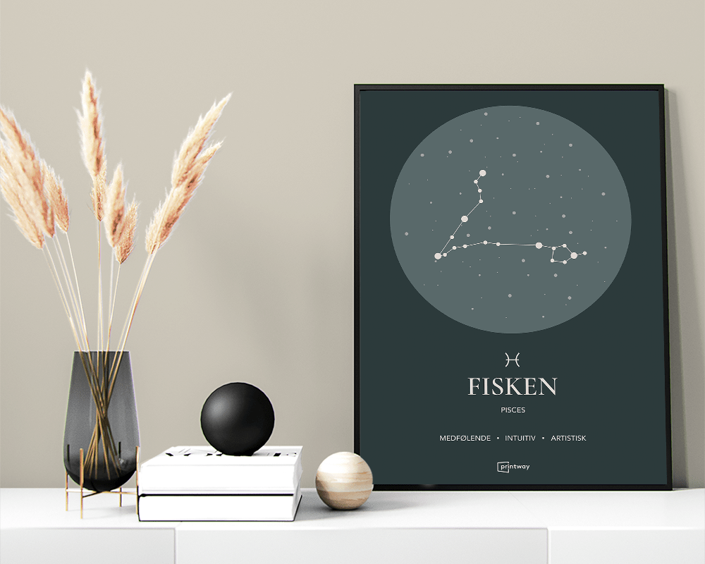 Elegant Plakat af Stjernetegnet Fisken i Skovgrøn 70x100 cm