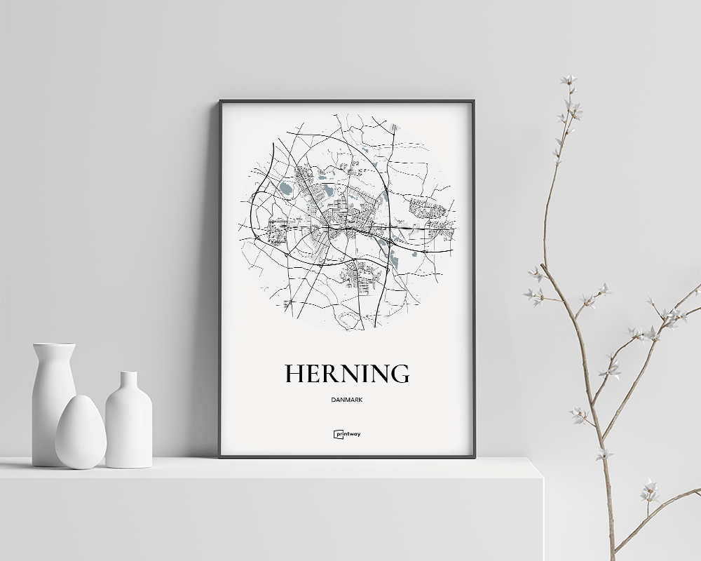 Herning Bykort Plakat - Hvid 42x60 cm A2 Kvalitetsposter