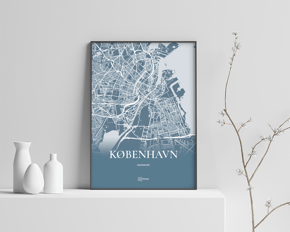 København Plakat - Havblå Bykort A4 til Elegant Indretning