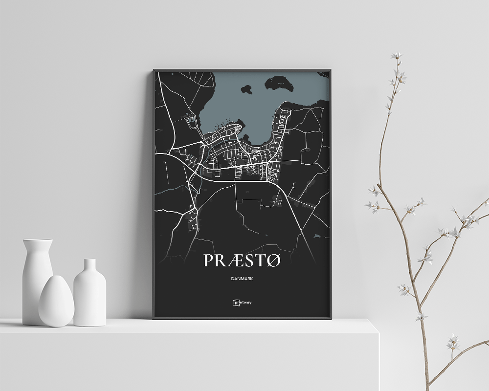 Præstø Bykort Plakat – Elegant Sort Design 70x100 cm
