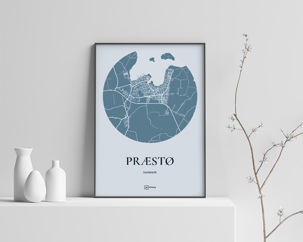 Præstø Bykort Plakat - Havblå Minimalisme 70x100 cm