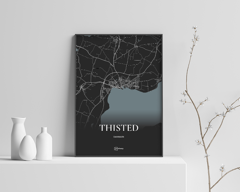 Thisted Bykort Plakat – Elegant Sort Design 70x100 cm