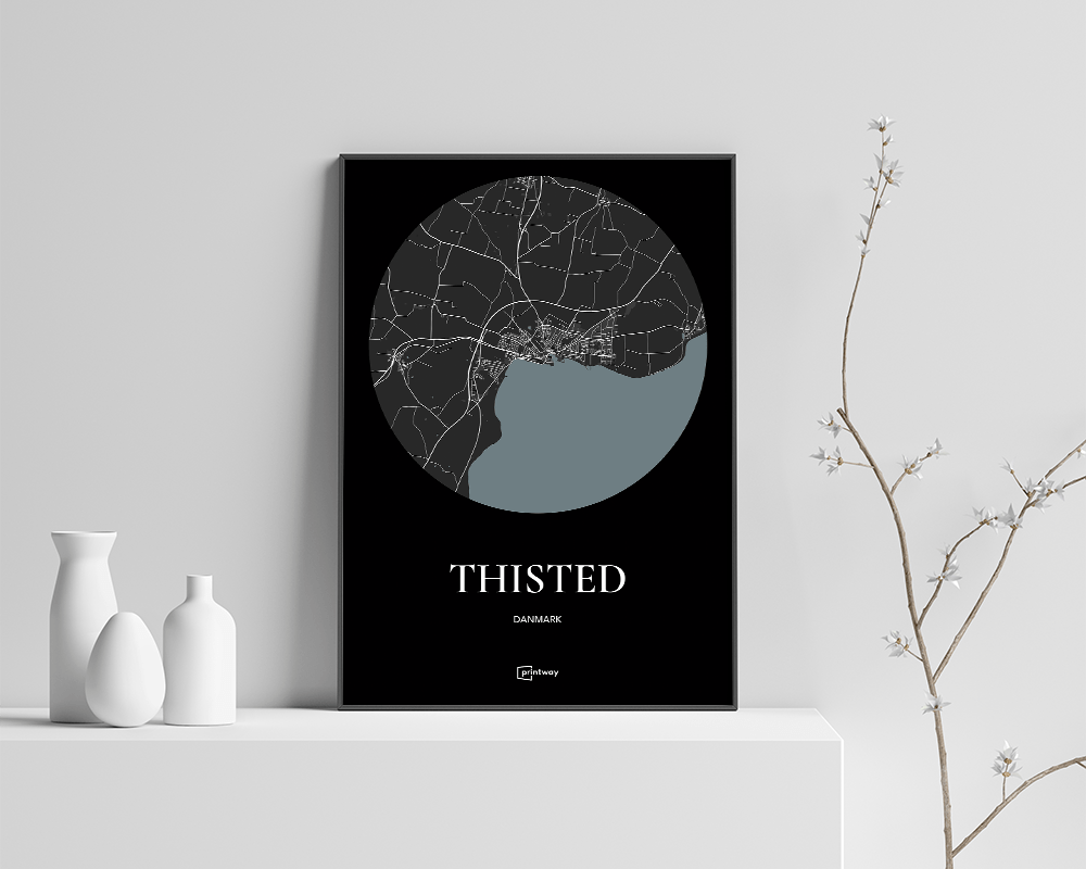 Thisted Bykort Plakat - Sort 35×50 cm (B3)