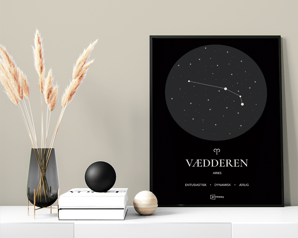 Vædderen Stjernetegn Plakat - Sort Minimalistisk Design 50x70 cm