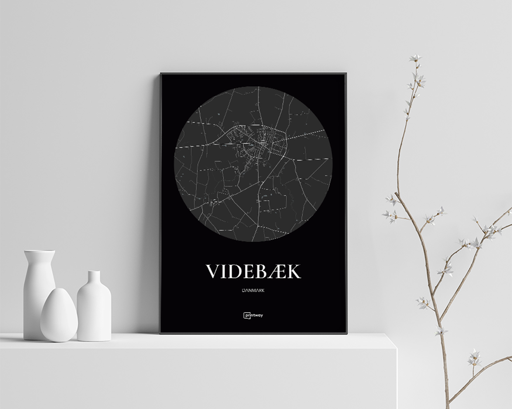 Videbæk Bykort Plakat - Elegant Design i Sort 70x100 cm
