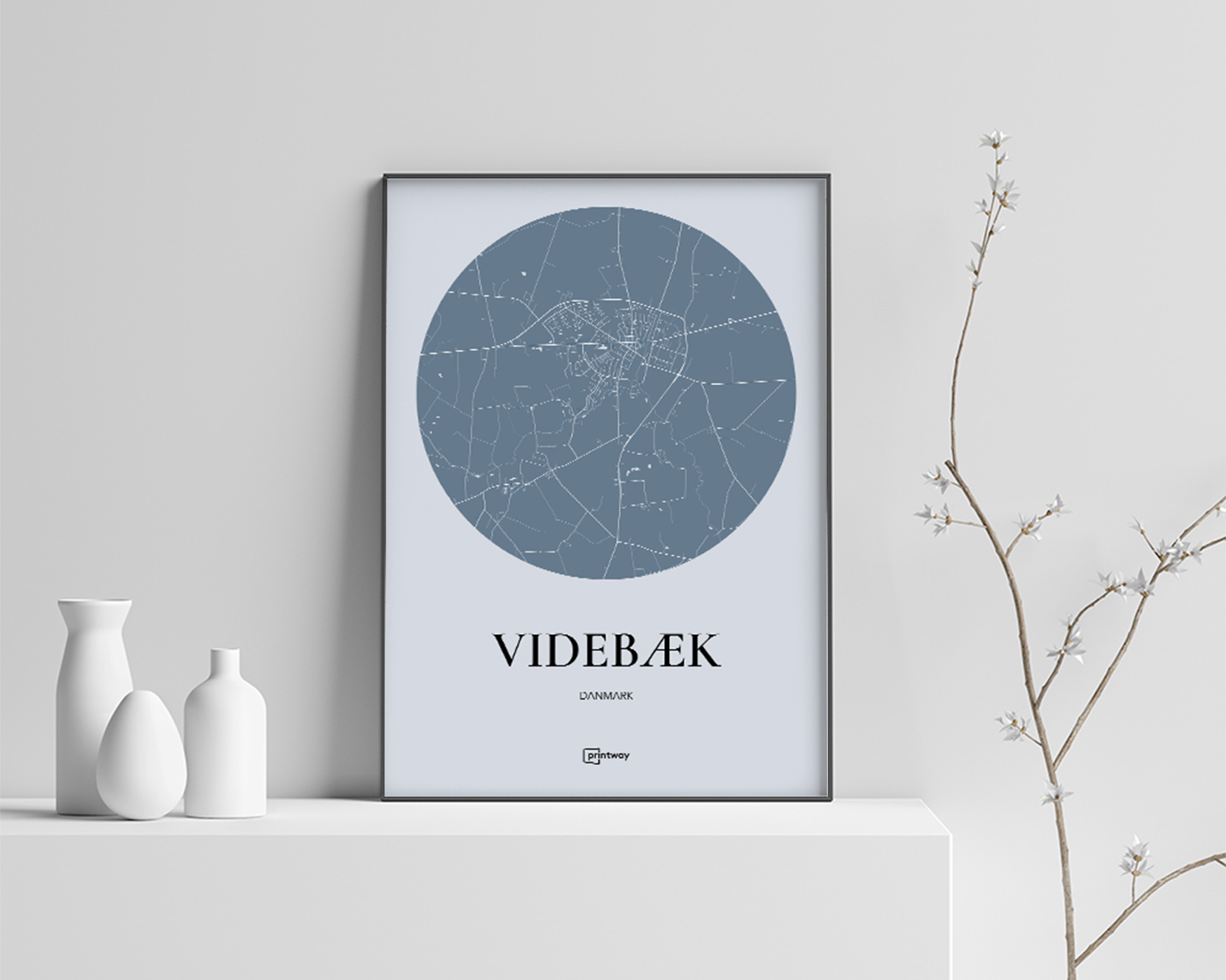 Videbæk Bykort Plakat i Havblå 70x100 cm - Stilrent Design