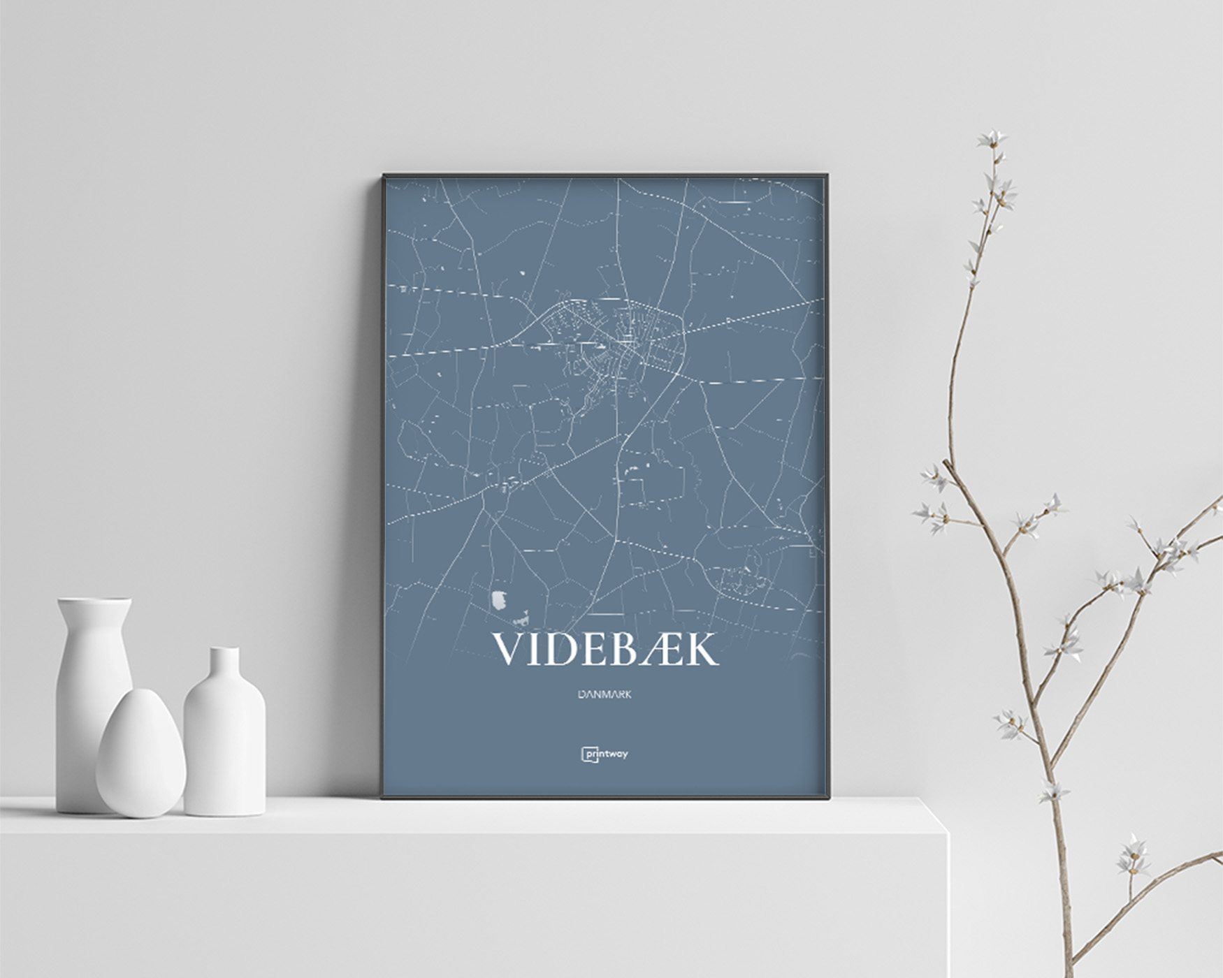 Videbæk Bykort Plakat i Havblå – Elegant Vægkunst A4