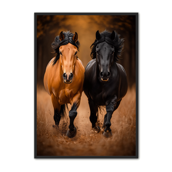 Plakat med To Heste i Galop gennem Efterårsskoven