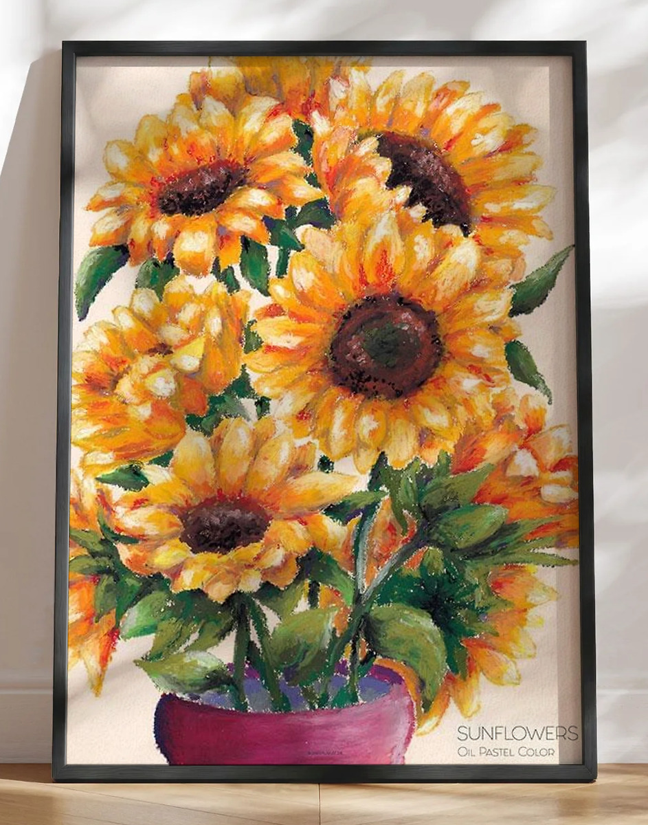 Sunflowers plakat - oliepasteltegning
