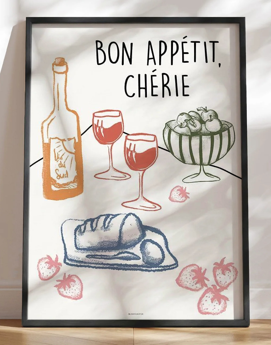 Bon appetit cherie - Festlig mad- og vinplakat