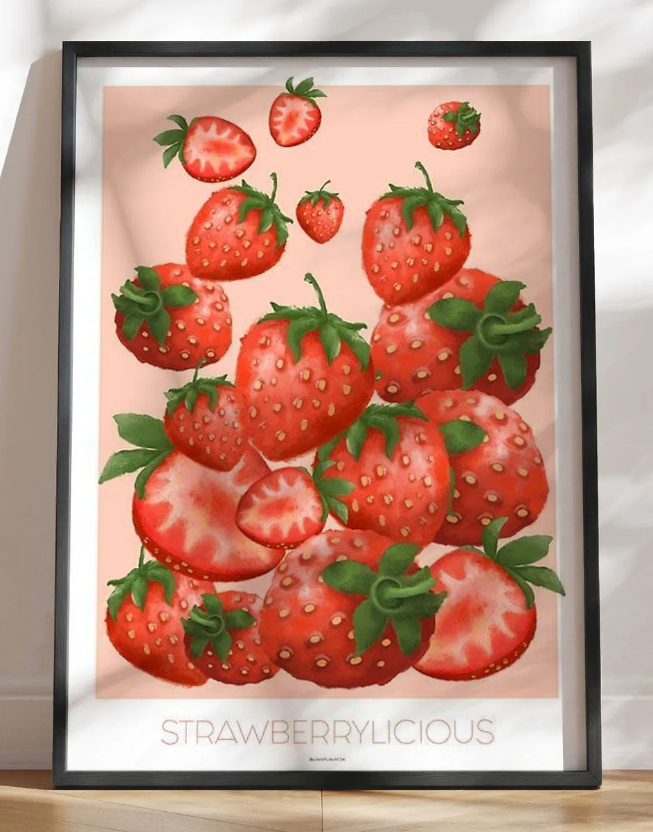 Strawberrylicious - Farverig plakat med jordbær